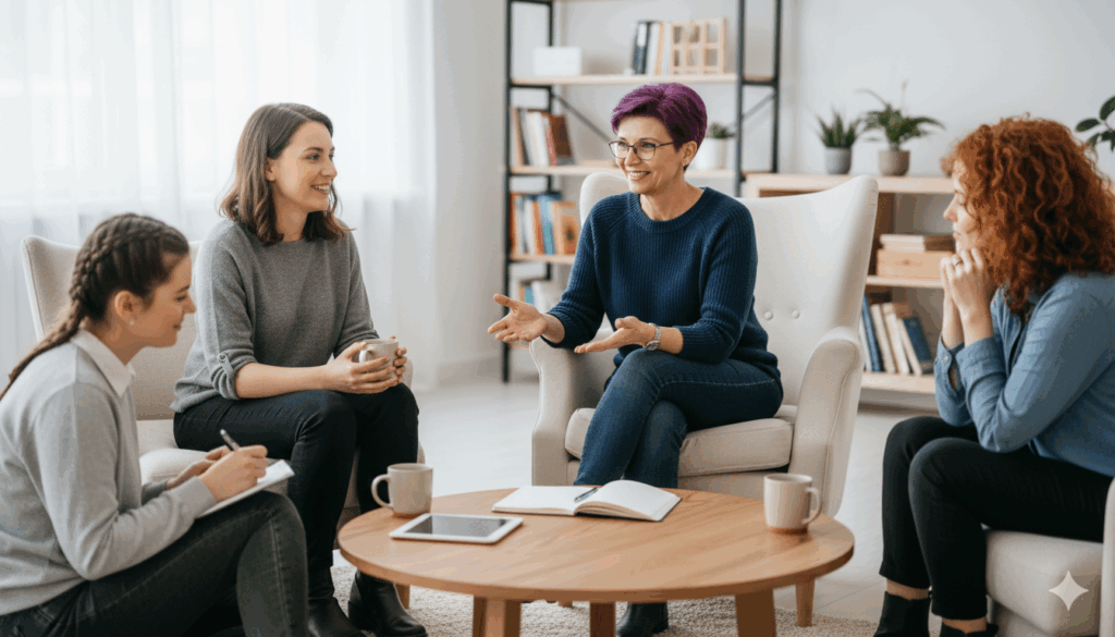 Grupo de personas conversando en un espacio de encuentro Fénix de Luz