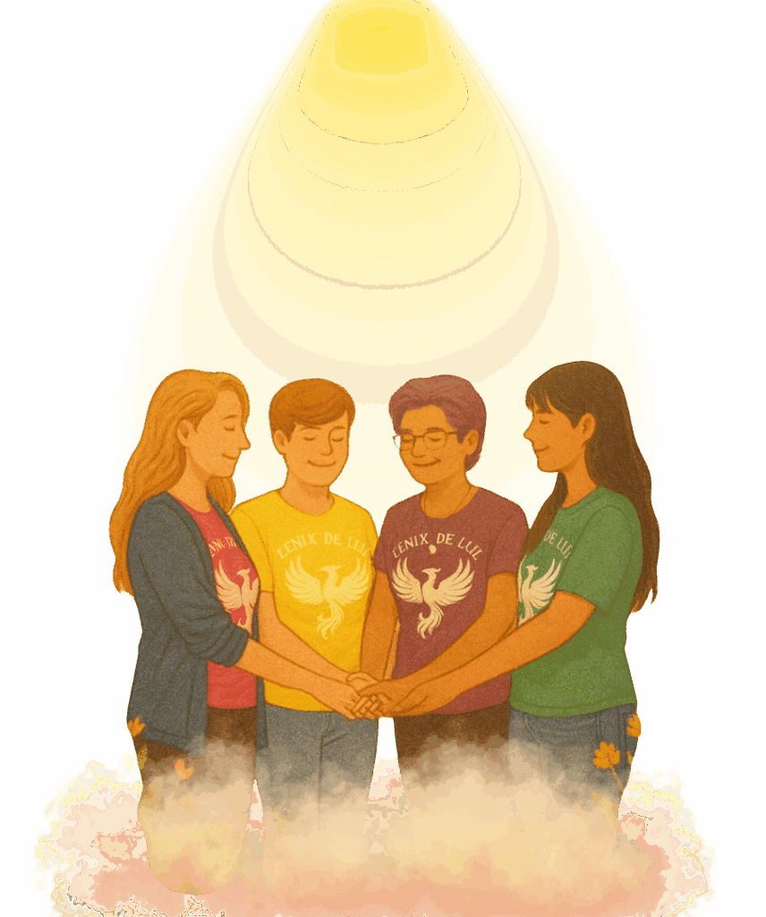 Ilustración de un grupo de personas Fénix de Luz uniendo las manos